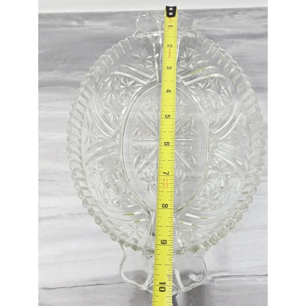 Vtg Anchor Hocking Clear Oval Divided Relish Dish Star Cut Design‎